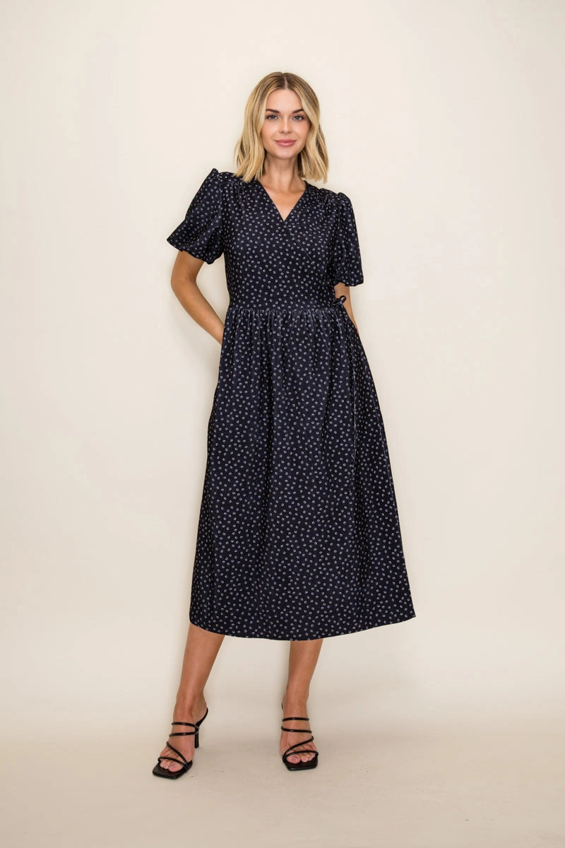 The Lorna Corduroy Wrap Midi Dress in Navy