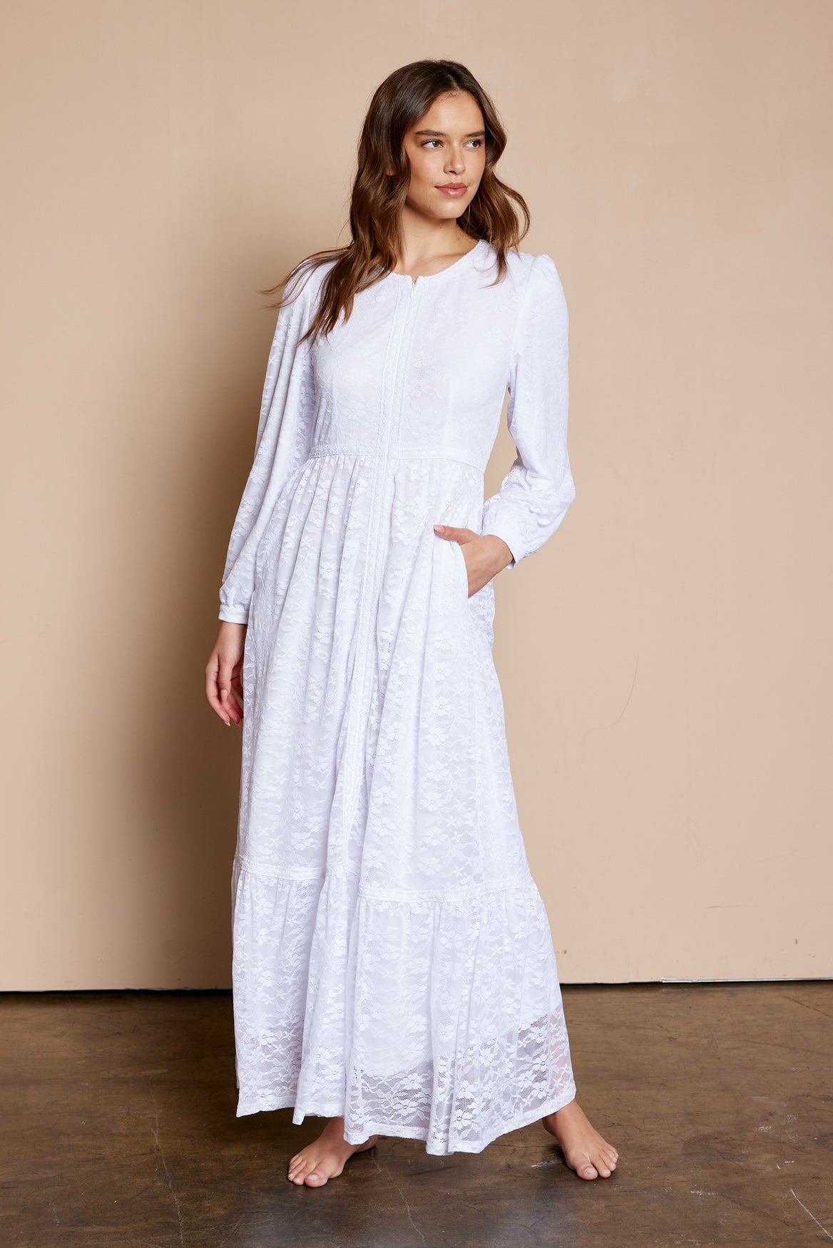 The Dahlia Lace Front Zip Temple Dress in White Regular / L The Dahlia Lace Front Zip Temple Dress in White Regular / L
