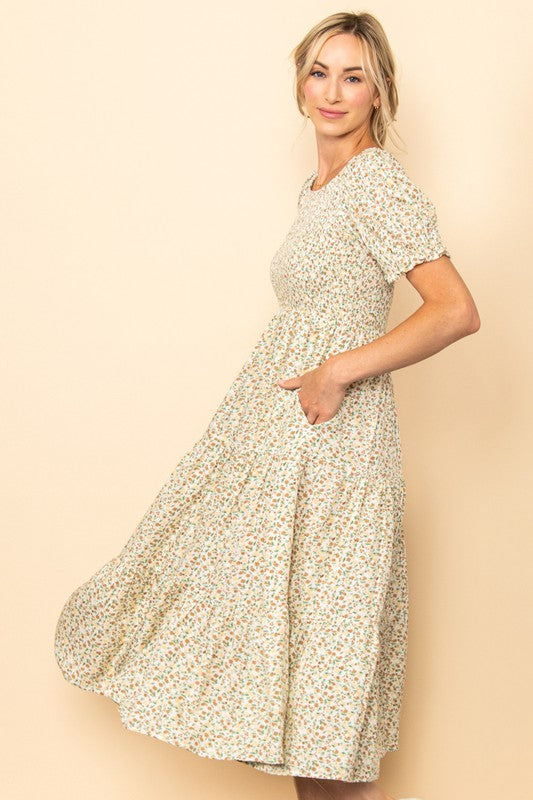 The Dana Tiny Floral Smocked Midi Dress in Vanilla