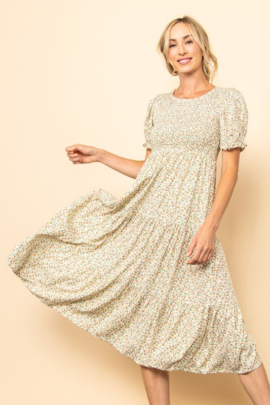 The Dana Tiny Floral Smocked Midi Dress in Vanilla