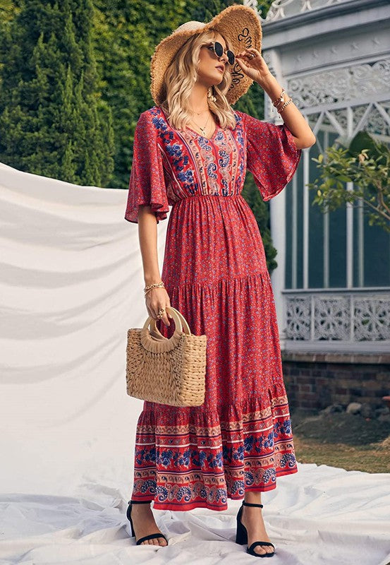 The Danica Boho Flared Sleeve Paisley Maxi Dress in Red
