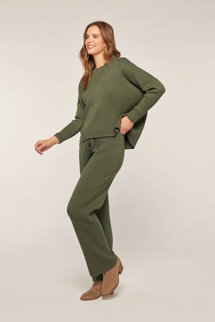 Polly Ribbed Straight Leg Sweater Pants in Dark Green