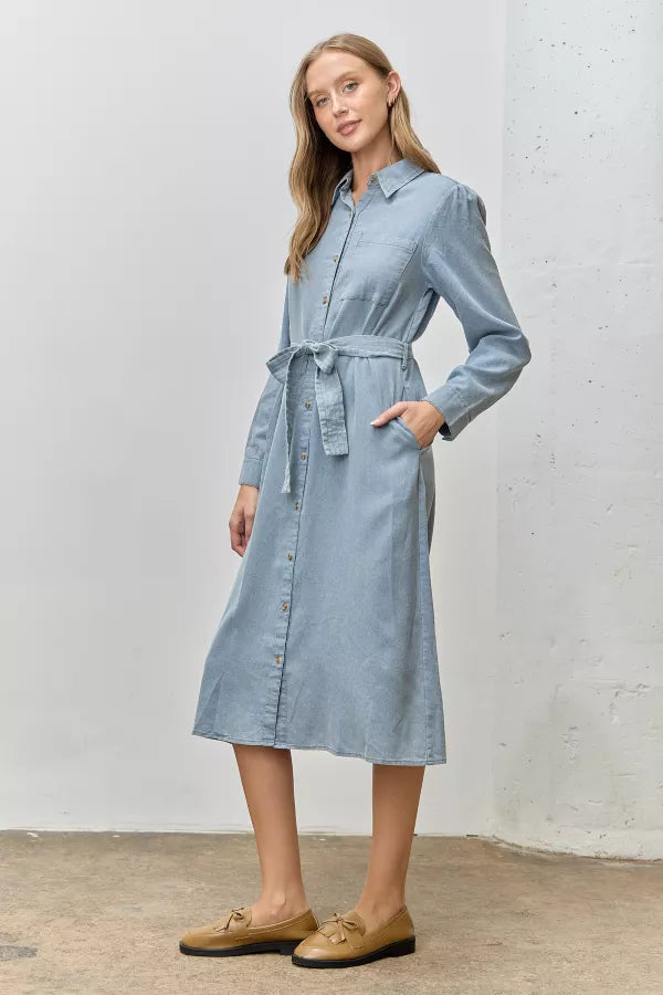 The Marcella Chambray Button Shirt Dress in Denim