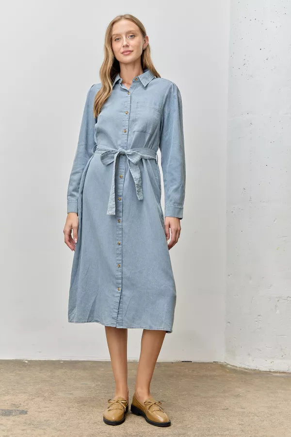 The Marcella Chambray Button Shirt Dress in Denim