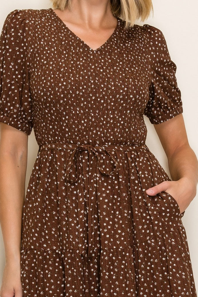 The Desirae Smocked Midi Dress in Brown