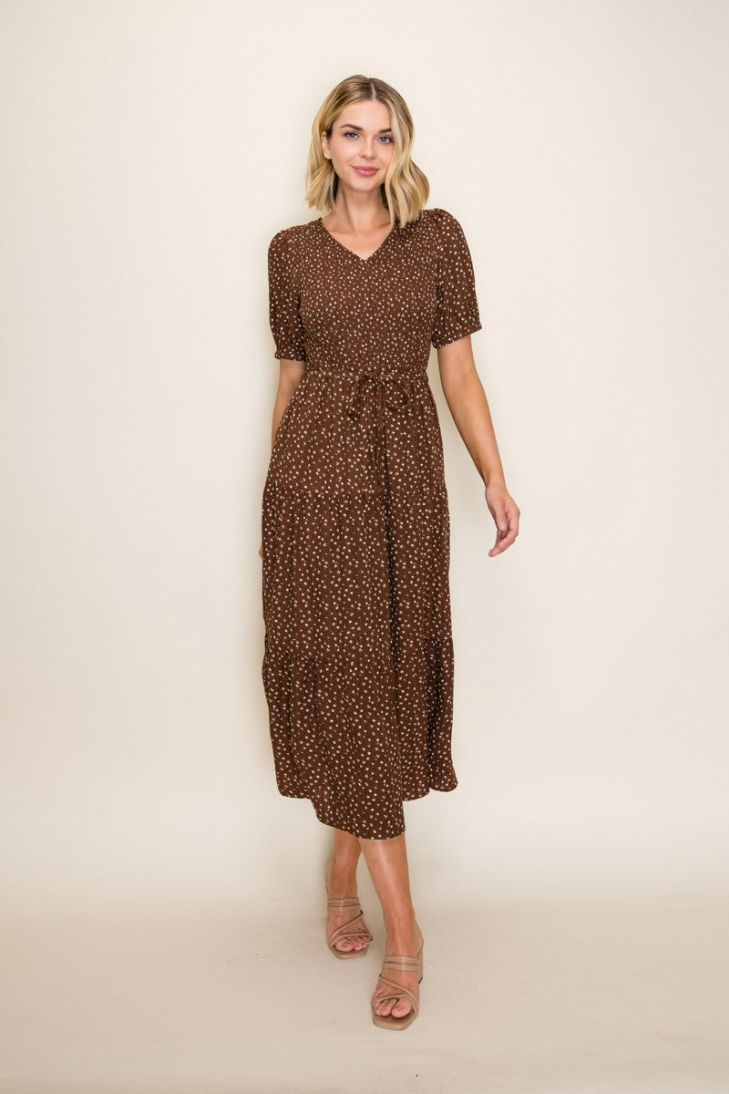 The Desirae Smocked Midi Dress in Brown S