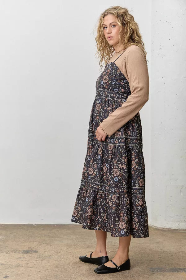 The Desirae Floral Sleeveless Midi Dress in Black Multi