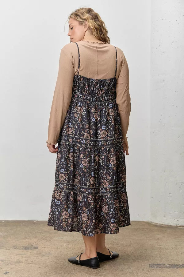 The Desirae Floral Sleeveless Midi Dress in Black Multi