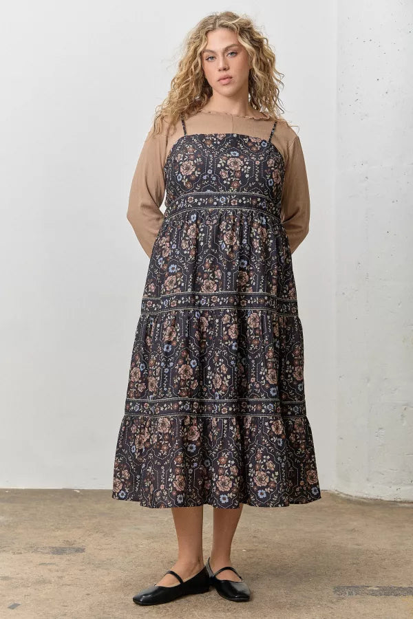 The Desirae Floral Sleeveless Midi Dress in Black Multi