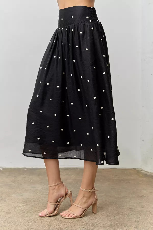 The Dakota Embroidered Dot Midi Skirt in Black