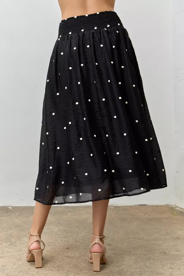 The Dakota Embroidered Dot Midi Skirt in Black