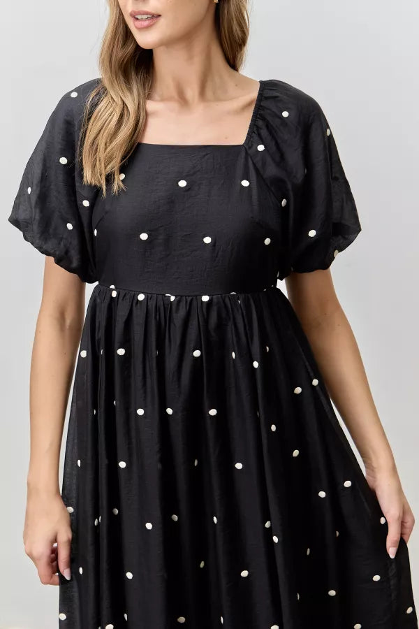 The Beatrix Embroidered Dot Midi Dress in Black