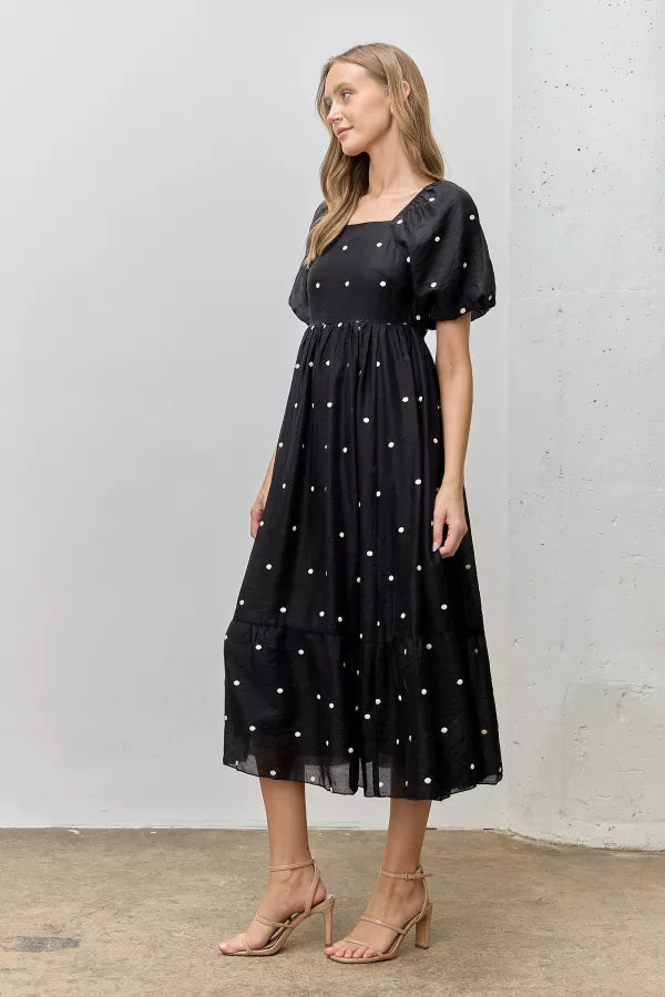 The Beatrix Embroidered Dot Midi Dress in Black