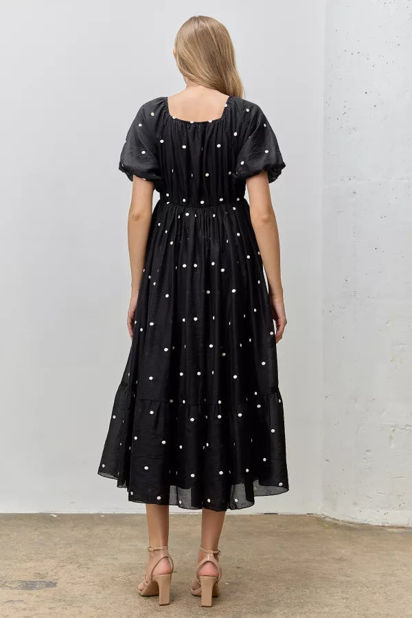 The Beatrix Embroidered Dot Midi Dress in Black
