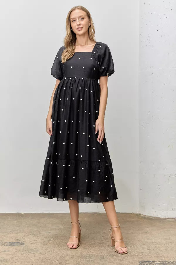 The Beatrix Embroidered Dot Midi Dress in Black