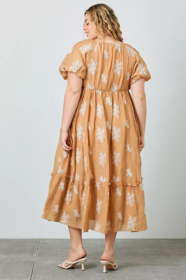The Dynelle Embroidered Maxi Dress in Camel