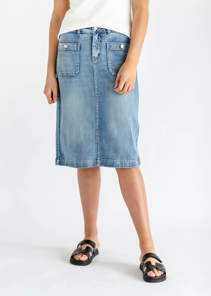 The Elin Front Pocket Denim Midi Skirt