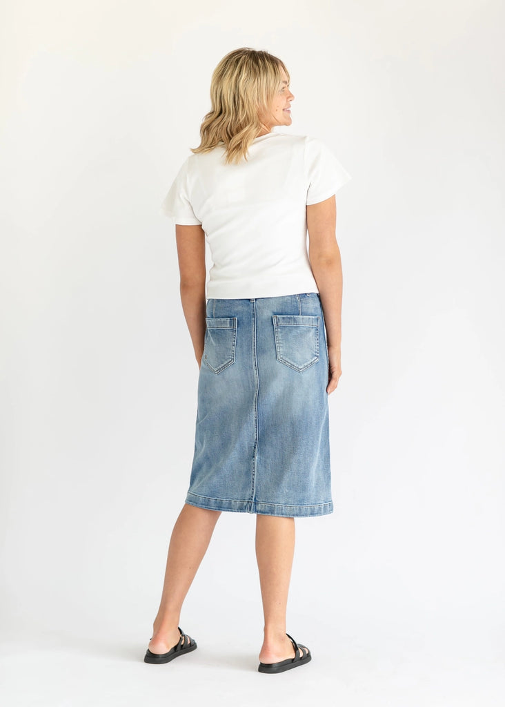 The Elin Front Pocket Denim Midi Skirt