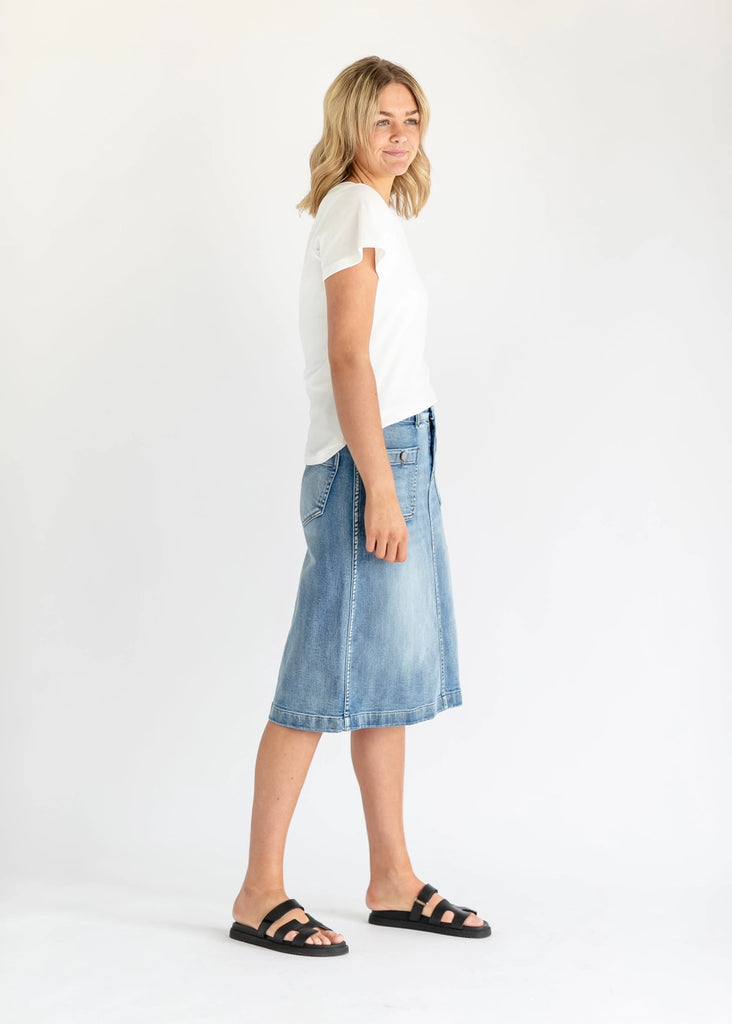 The Elin Front Pocket Denim Midi Skirt