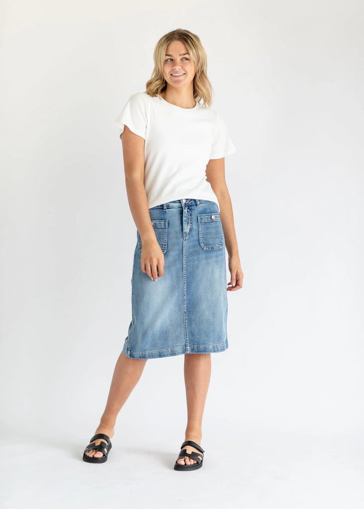 The Elin Front Pocket Denim Midi Skirt