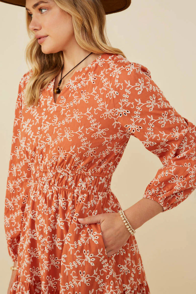 The Enid Embroidered Notch Midi Dress in Rust