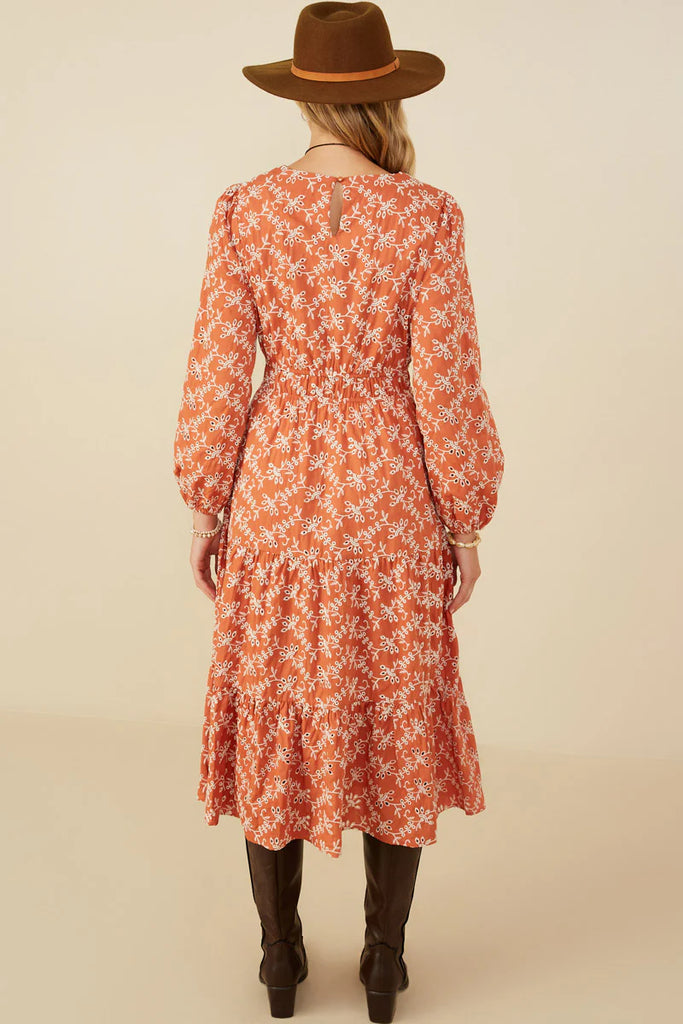 The Enid Embroidered Notch Midi Dress in Rust