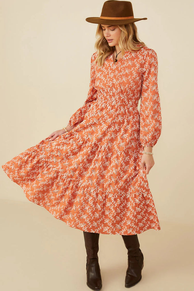 The Enid Embroidered Notch Midi Dress in Rust