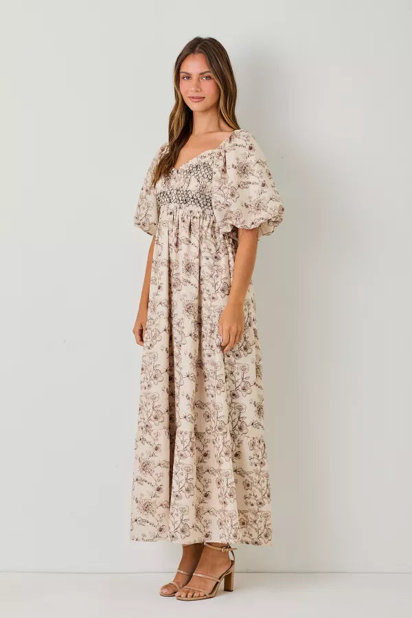 The Erlyn Bubble Sleeve Maxi Dress in Brown Multi