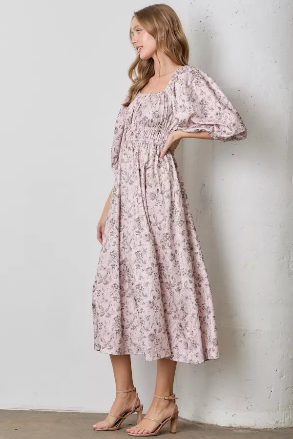 The Gabriella Floral Print Long Sleeve Maxi Dress in Natural