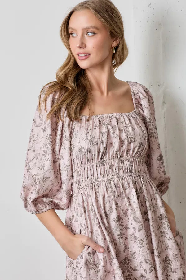 The Gabriella Floral Print Long Sleeve Maxi Dress in Natural