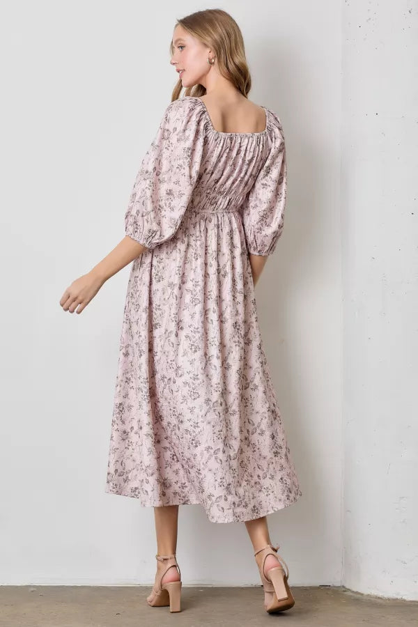 The Gabriella Floral Print Long Sleeve Maxi Dress in Natural