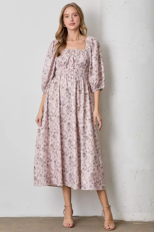 The Gabriella Floral Print Long Sleeve Maxi Dress in Natural