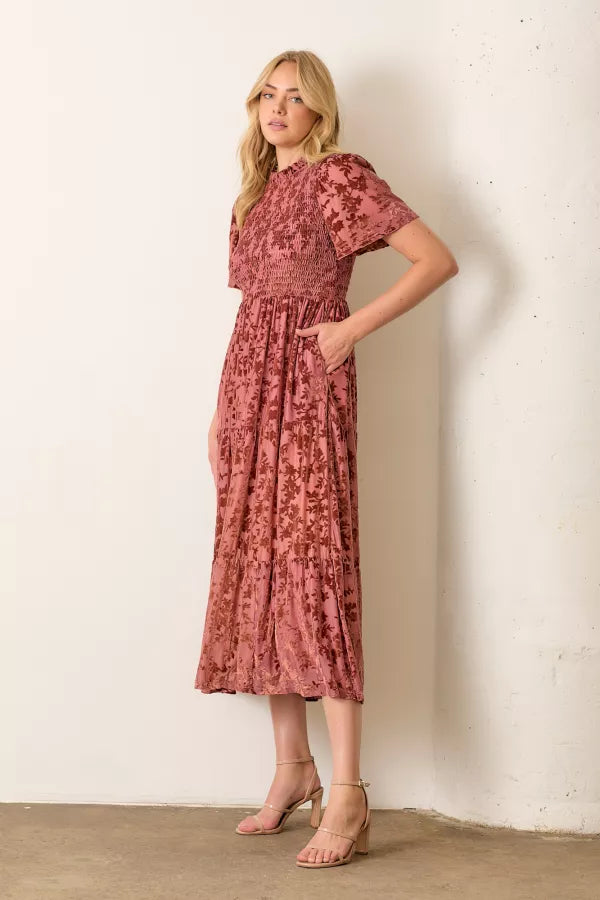 The Gia Printed Velvet Midi Dress in Sienna