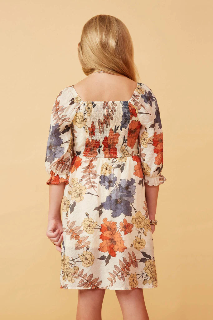 Girls Textured Floral Smocked Square Neck Dress