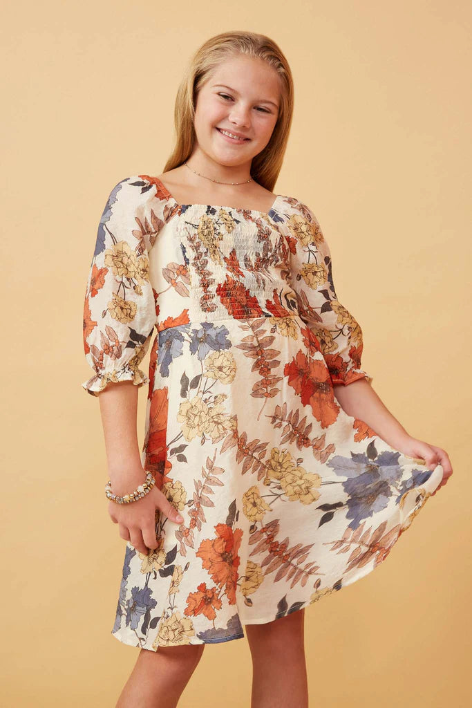 Girls Textured Floral Smocked Square Neck Dress