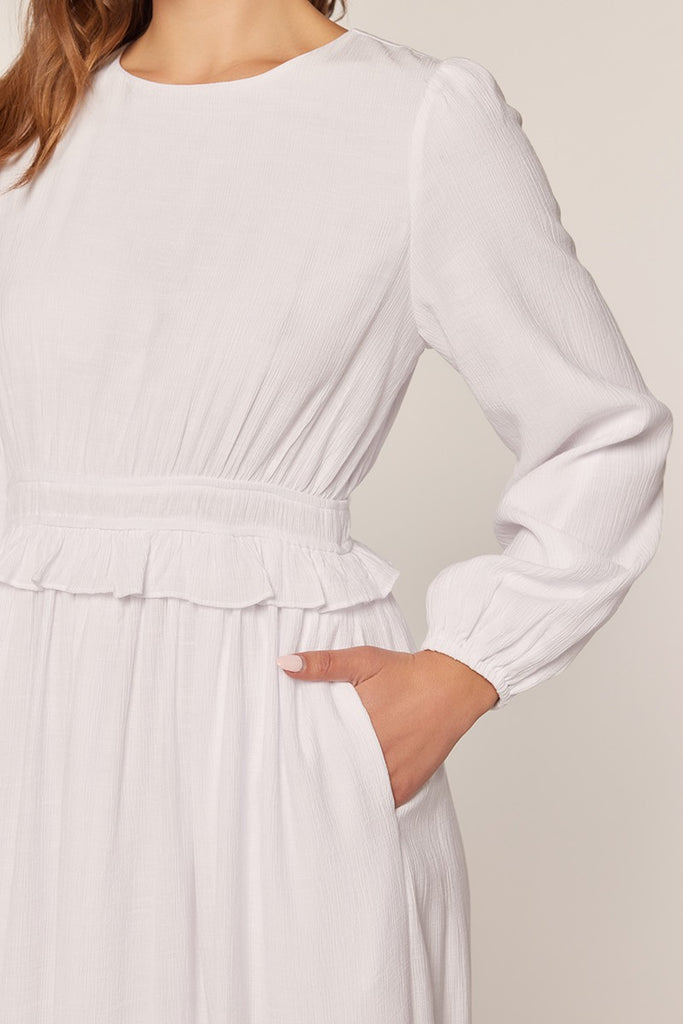 The Grace Ruffle Detail Temple Dress in White