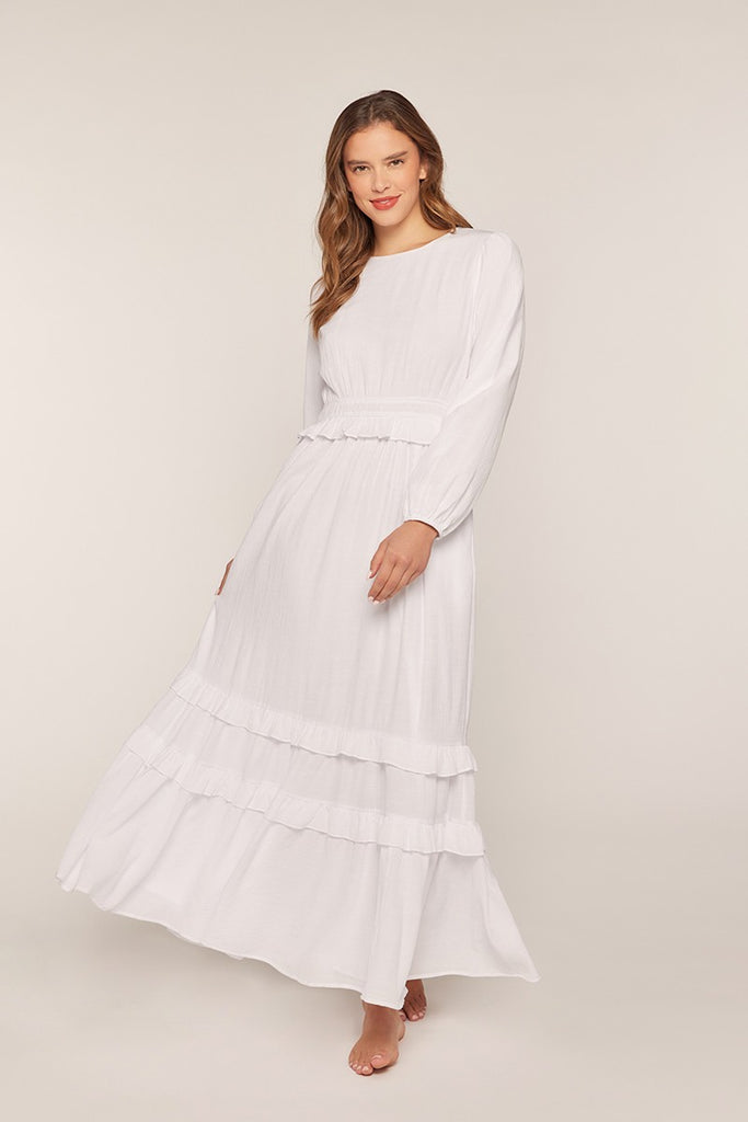 The Grace Ruffle Detail Temple Dress in White