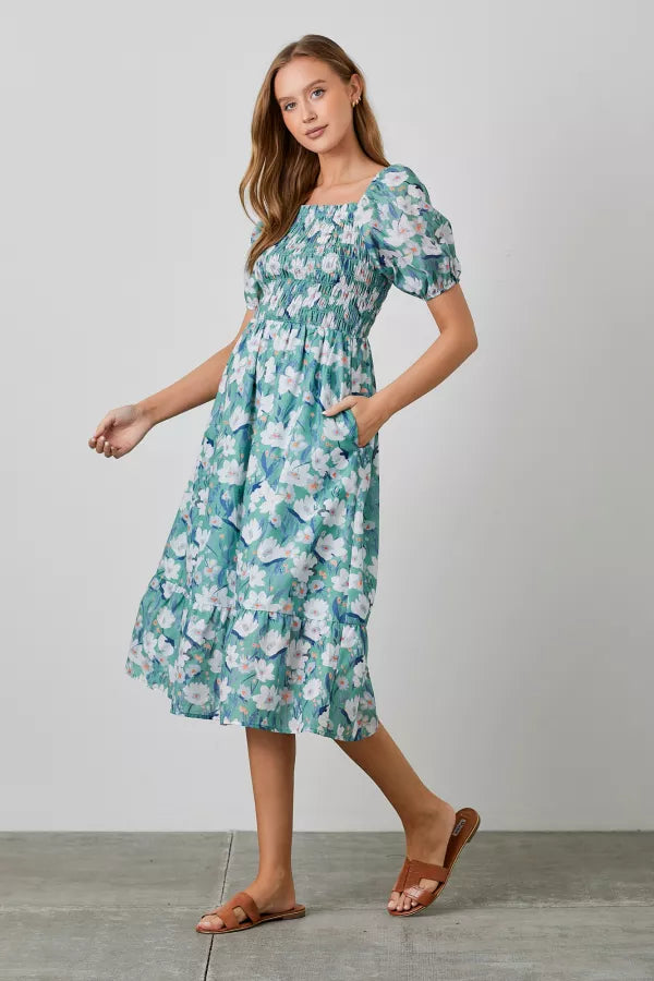 The Gwen Floral Smocked Dress in Green