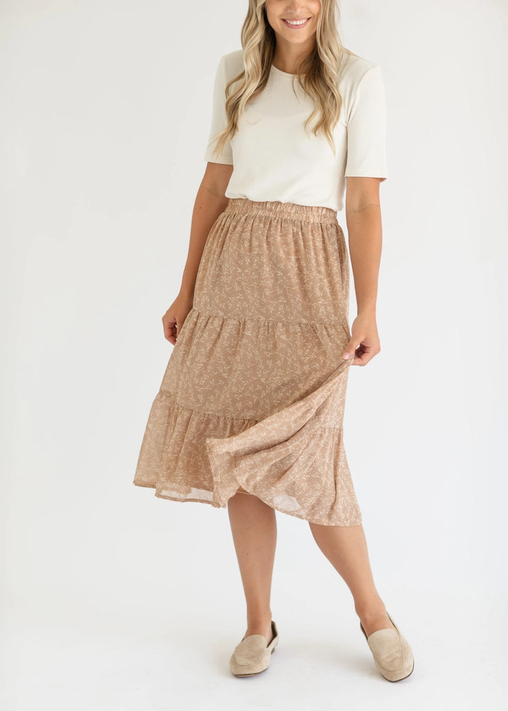 The Harlow Floral Tiered Midi Skirt in Dark Taupe