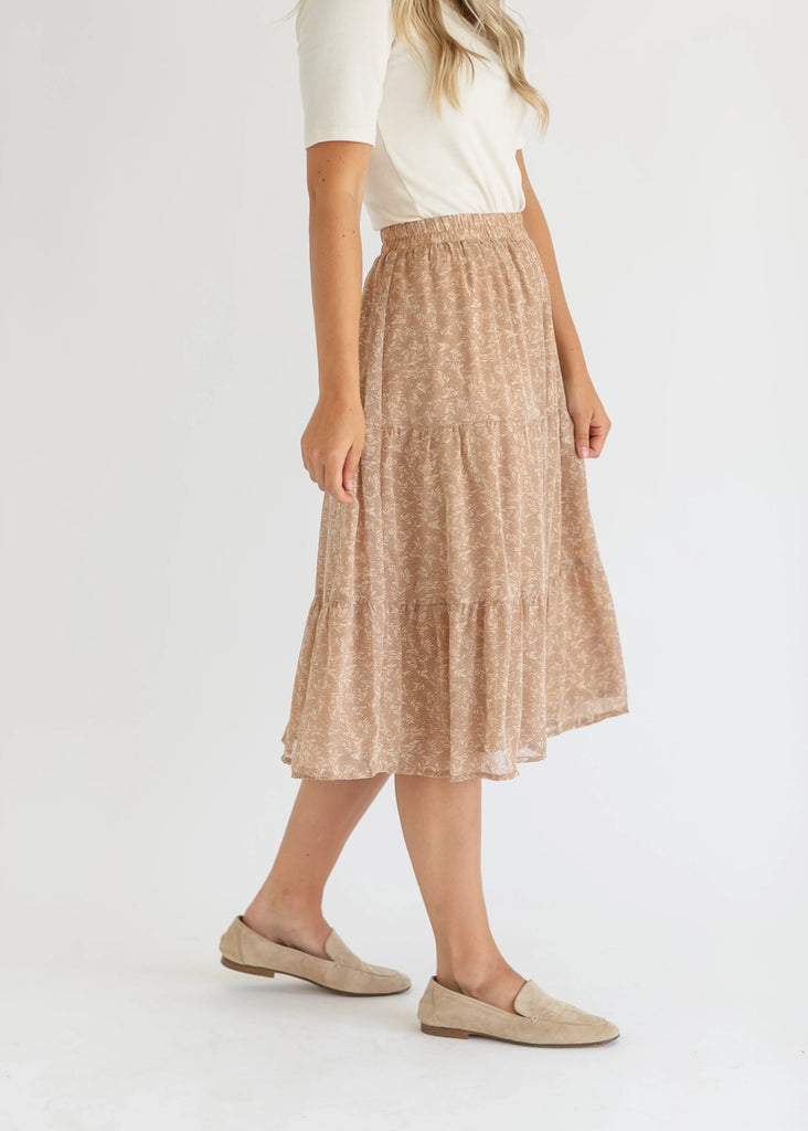 The Harlow Floral Tiered Midi Skirt in Dark Taupe