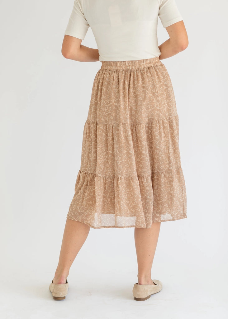 The Harlow Floral Tiered Midi Skirt in Dark Taupe