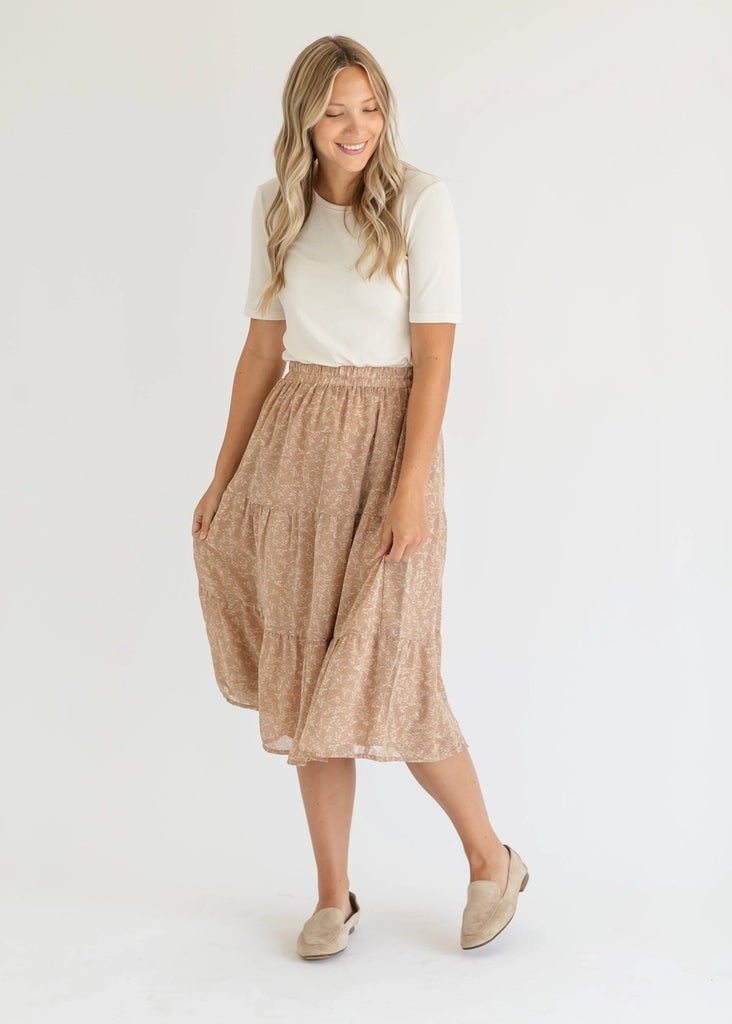 The Harlow Floral Tiered Midi Skirt in Dark Taupe