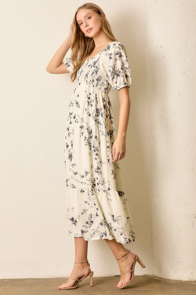 The Haylie Floral Round Neck Midi Dress in Ivory