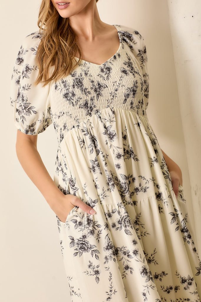 The Haylie Floral Round Neck Midi Dress in Ivory