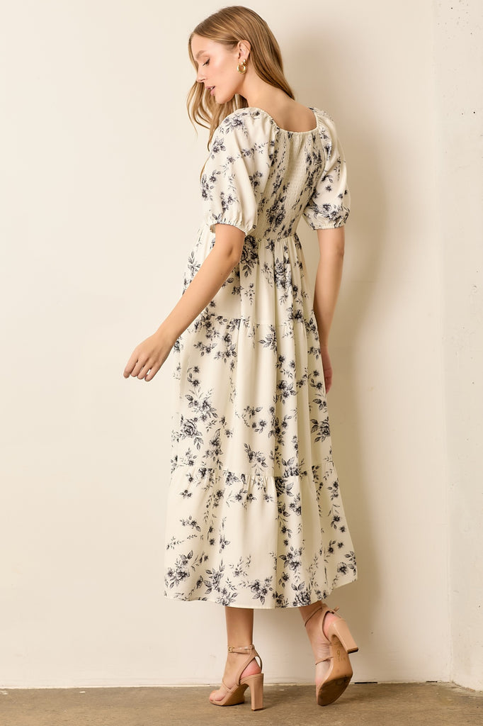 The Haylie Floral Round Neck Midi Dress in Ivory