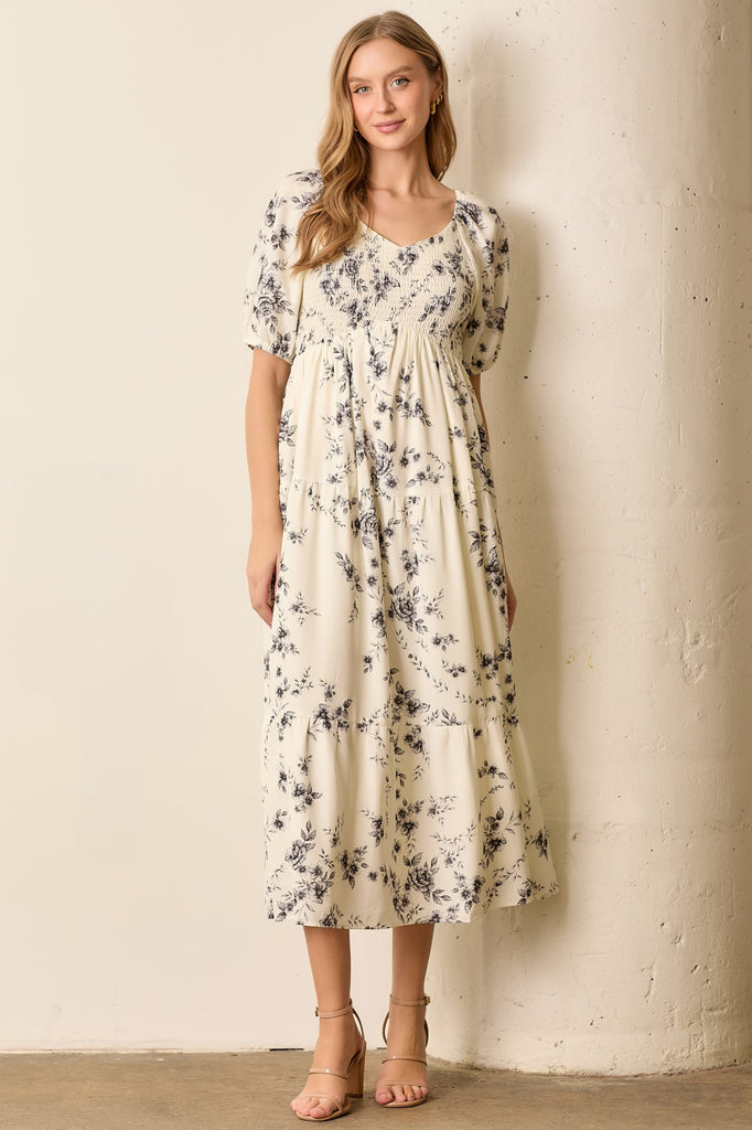 The Haylie Floral Round Neck Midi Dress in Ivory