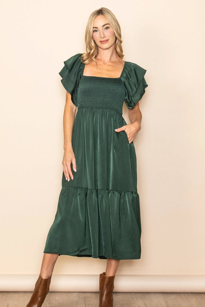 The Emmie Satin Flowy Smocked Dress in Hunter Green
