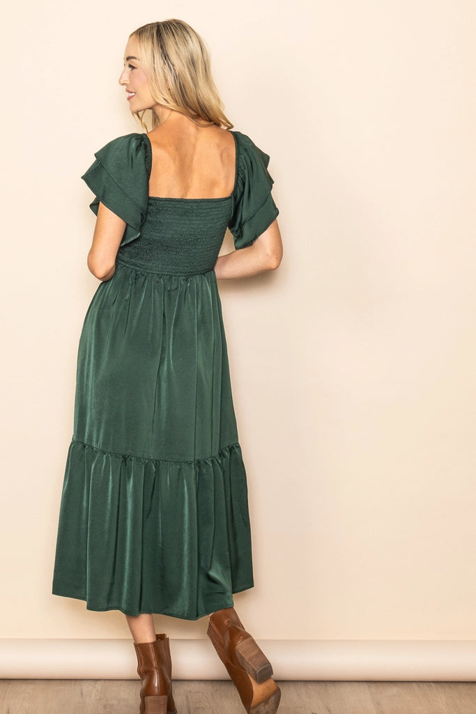The Emmie Satin Flowy Smocked Dress in Hunter Green