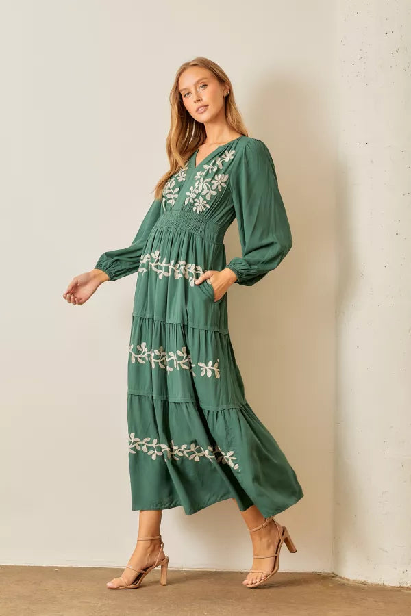 The Jill Embroidered Floral Dress in Hunter Green