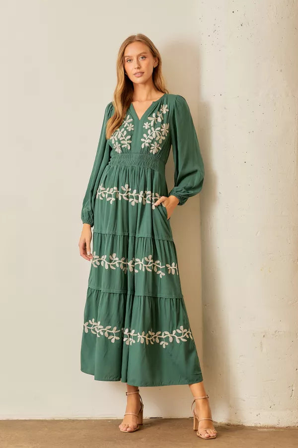 The Jill Embroidered Floral Dress in Hunter Green